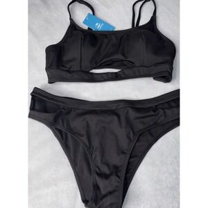 Cupshe Bikini Set Womens Medium Black Two Piece Swimsuit Sporty Crop Top Cutout